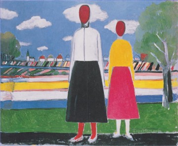 抽象的かつ装飾的 Painting - 風景の中の二人の人物 1932年 カジミール・マレーヴィチの要約